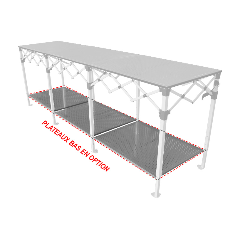 Table Comptoir Pliant Plateau Acier 4m X 70cm avec Jupe Blanche