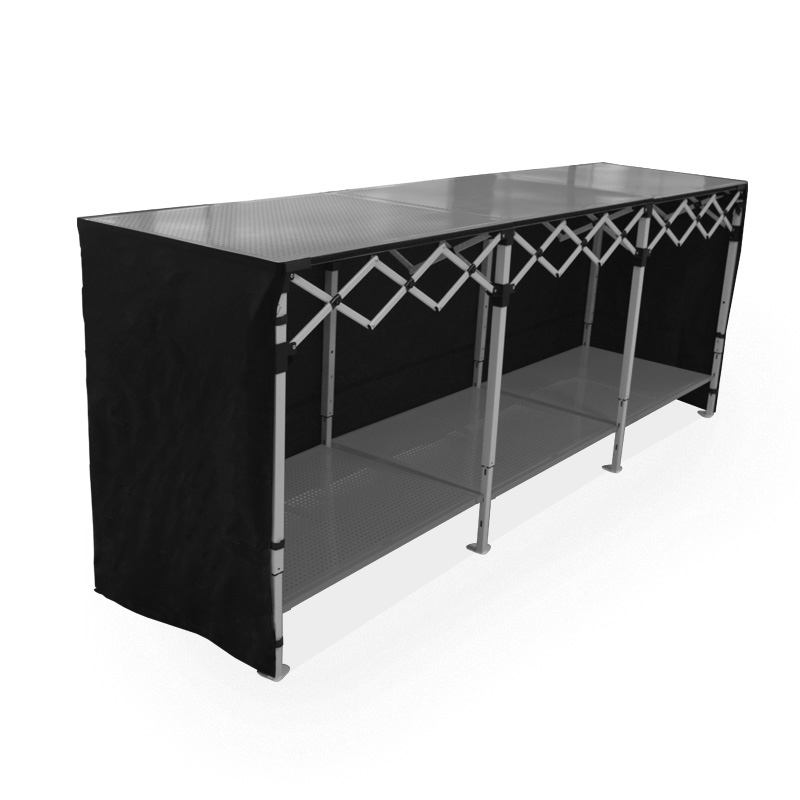 Table Comptoir Pliant Plateau Acier 4m X 70cm avec Jupe Blanche